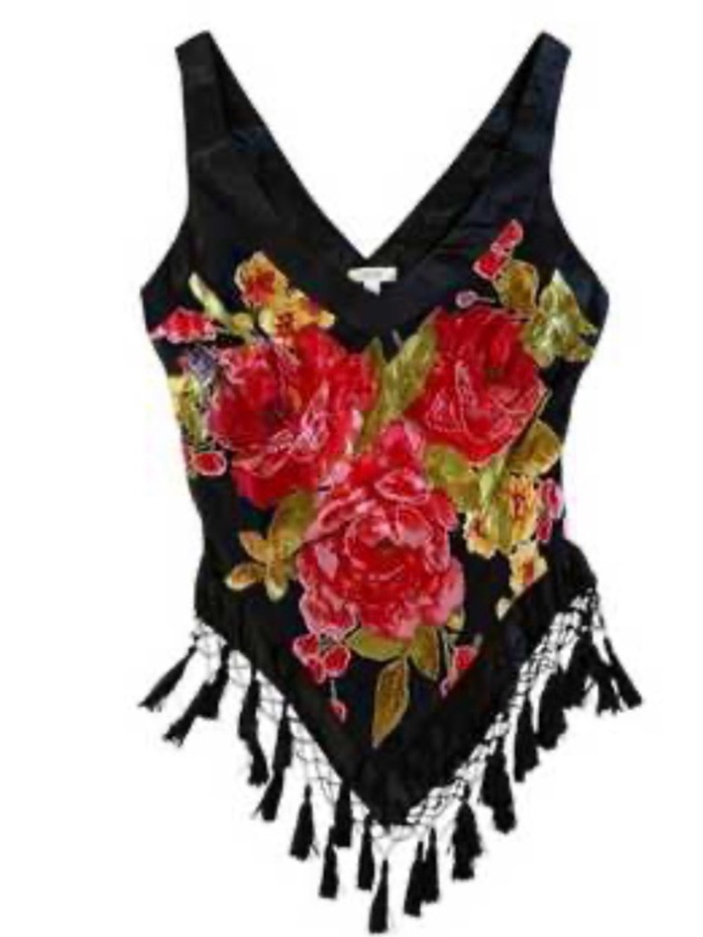 Cache Vintage Y2K Red Floral Burnout Cowl Neck Fringe Tank Top small